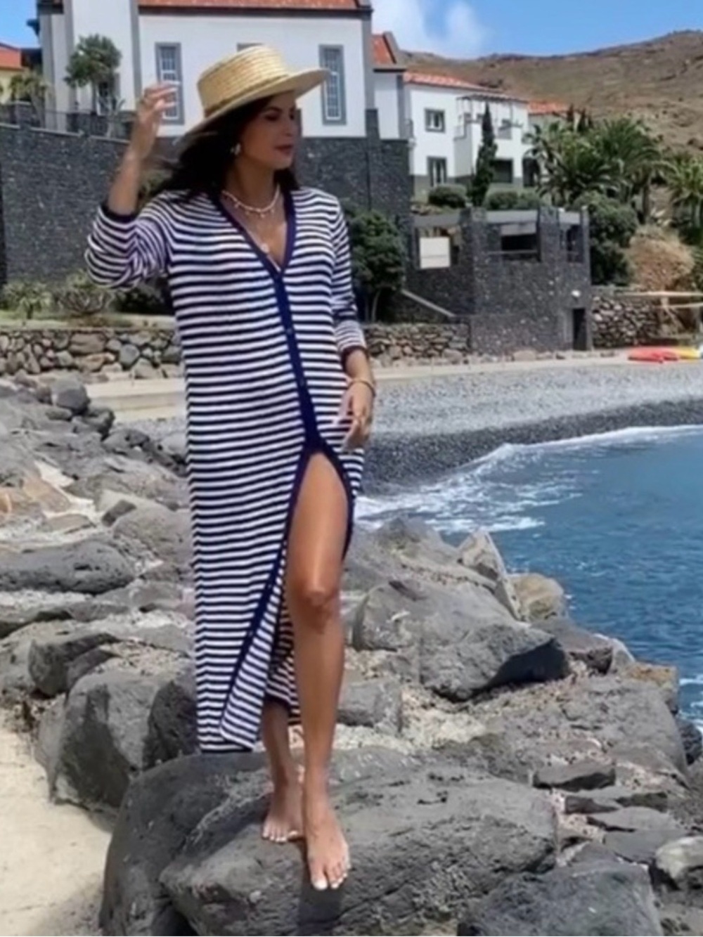 Zara Nautical Stripe Long Knit Duster Cardigan Dress M Blue White